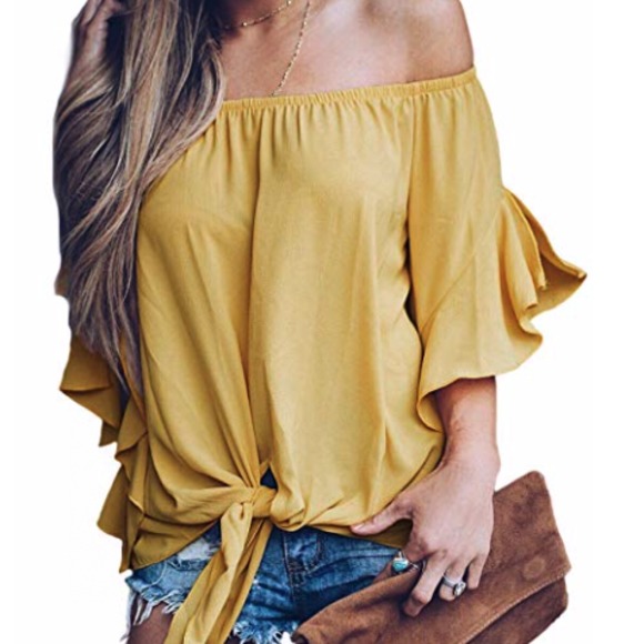 Tops - Striped Off Shoulder Bell Sleeve Shirt Tie Knot